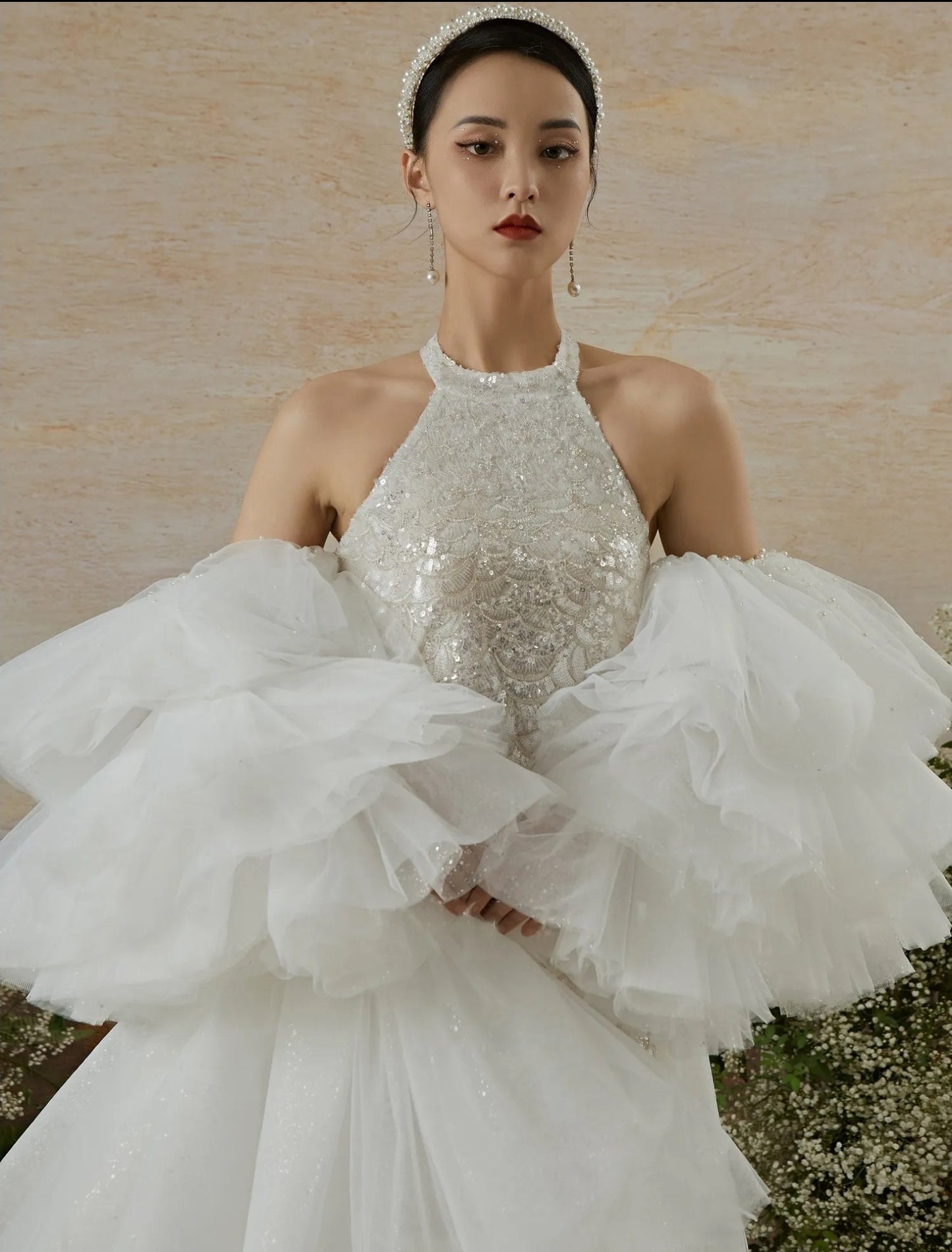 Detached Shimmering And Pearl Beaded Trim Layered Frill Sleeves With Tiered Shimmering  Cape