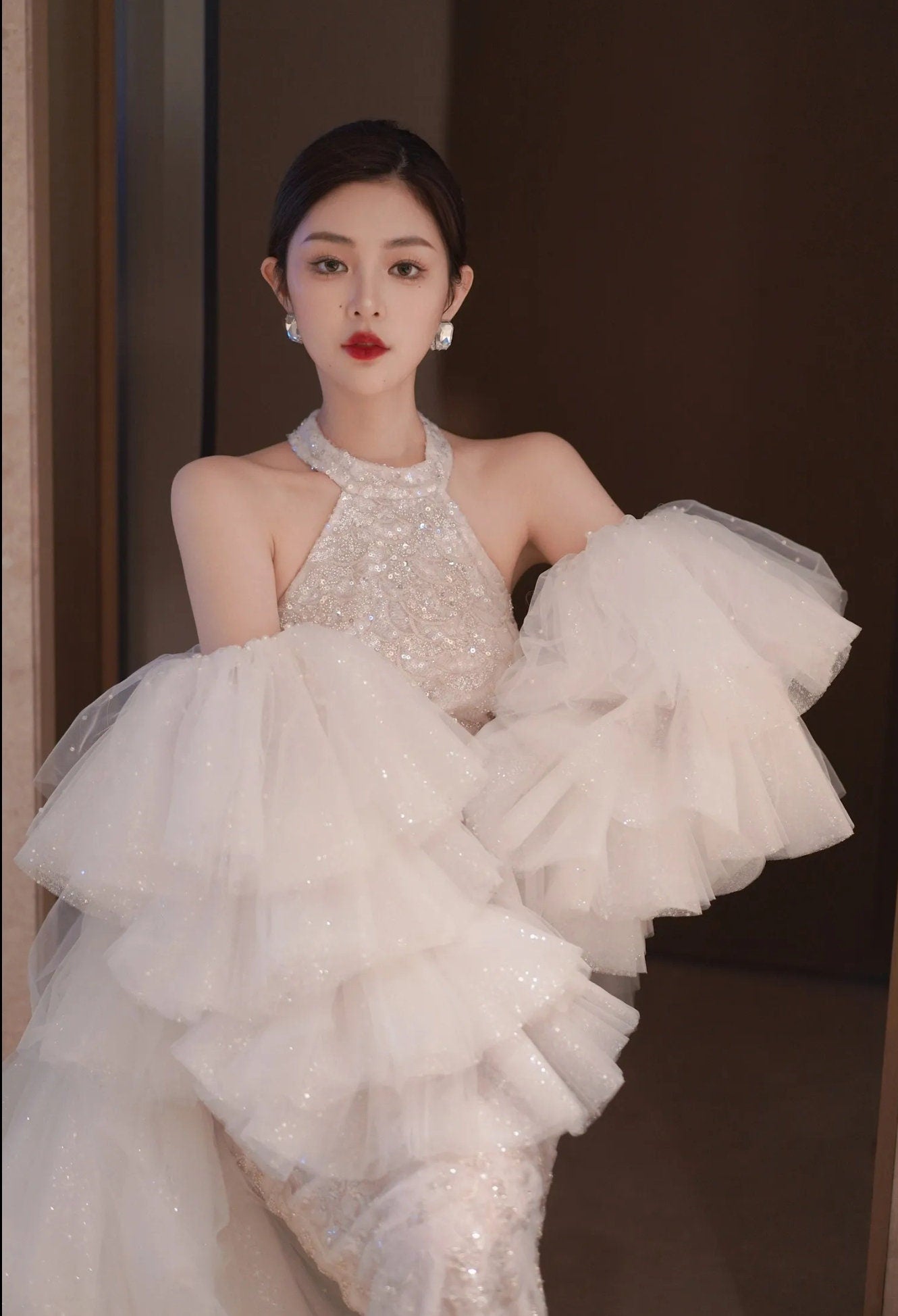 Detached Shimmering And Pearl Beaded Trim Layered Frill Sleeves With Tiered Shimmering  Cape