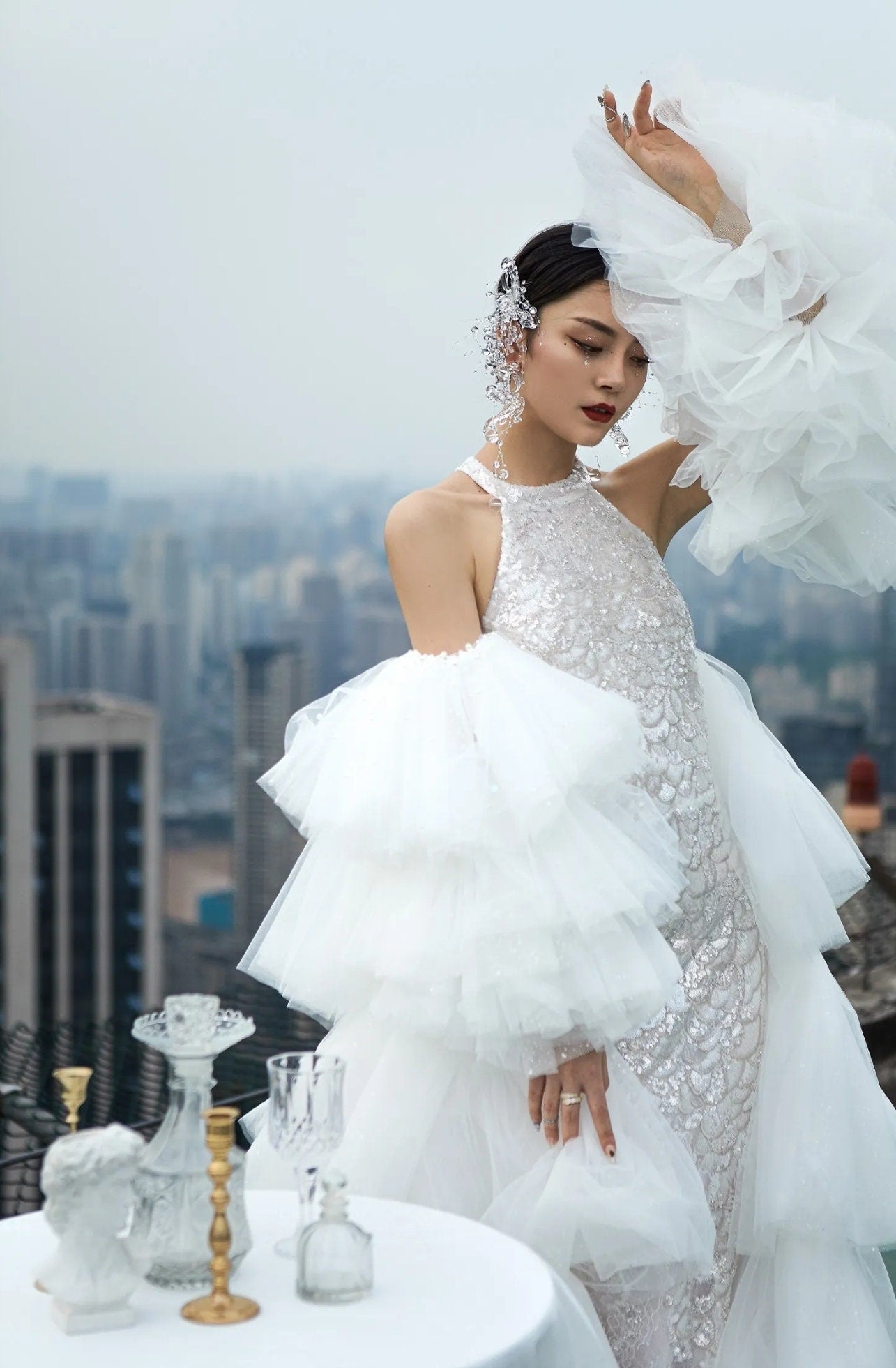 Detached Shimmering And Pearl Beaded Trim Layered Frill Sleeves With Tiered Shimmering  Cape