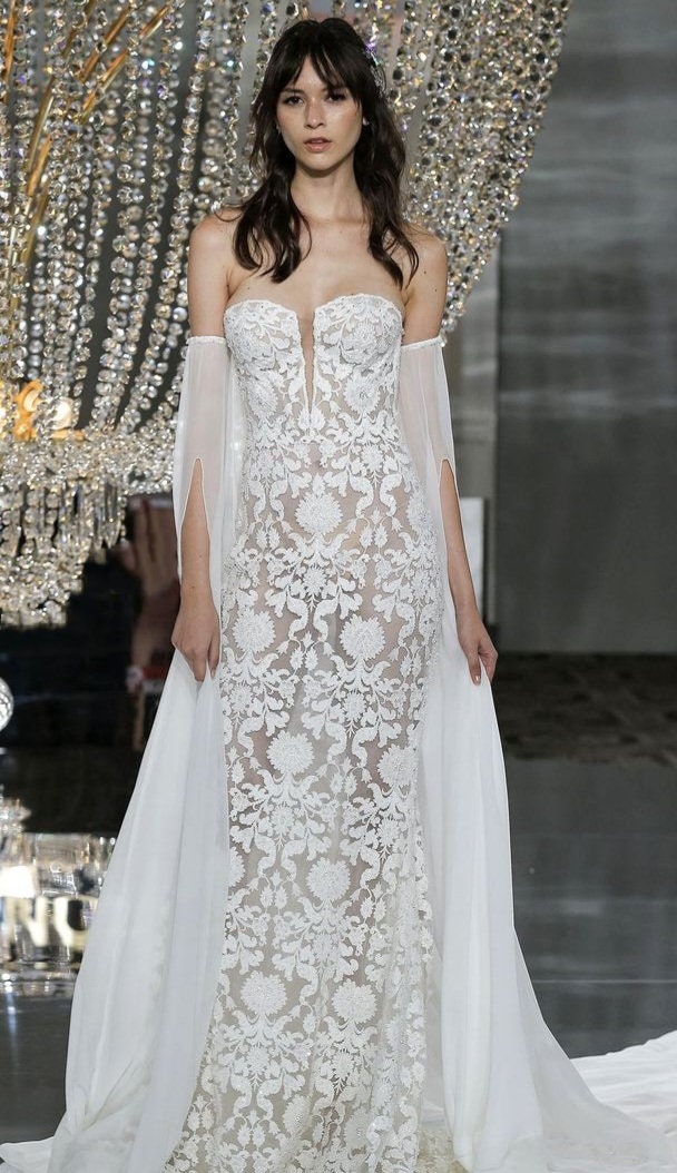 Chiffon Open Split Draped Sleeve Cape With Shimmering Beaded Sequin Trim