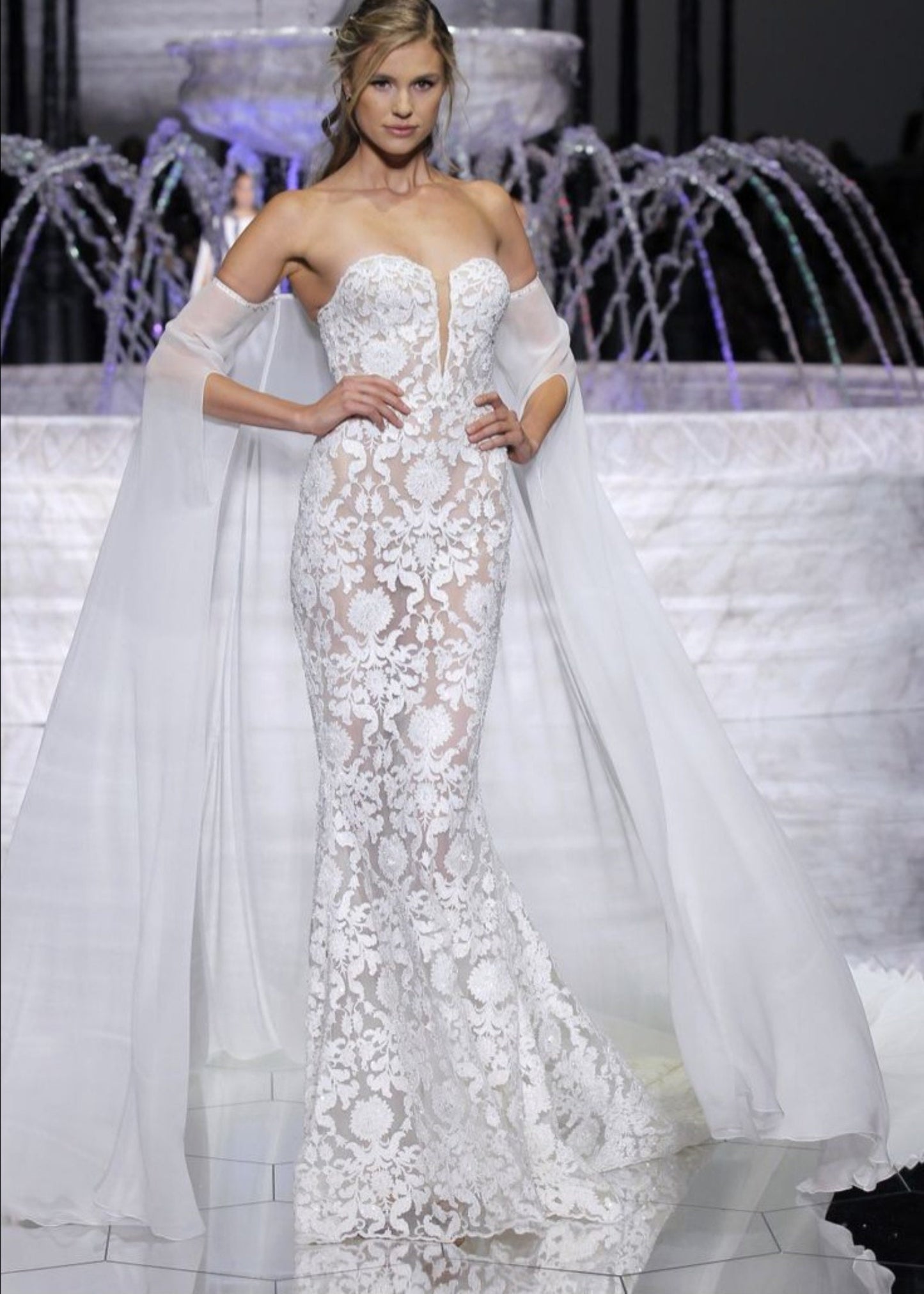 Chiffon Open Split Draped Sleeve Cape With Shimmering Beaded Sequin Trim