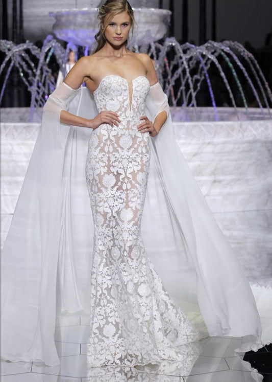 Chiffon Open Split Draped Sleeve Cape With Shimmering Beaded Sequin Trim
