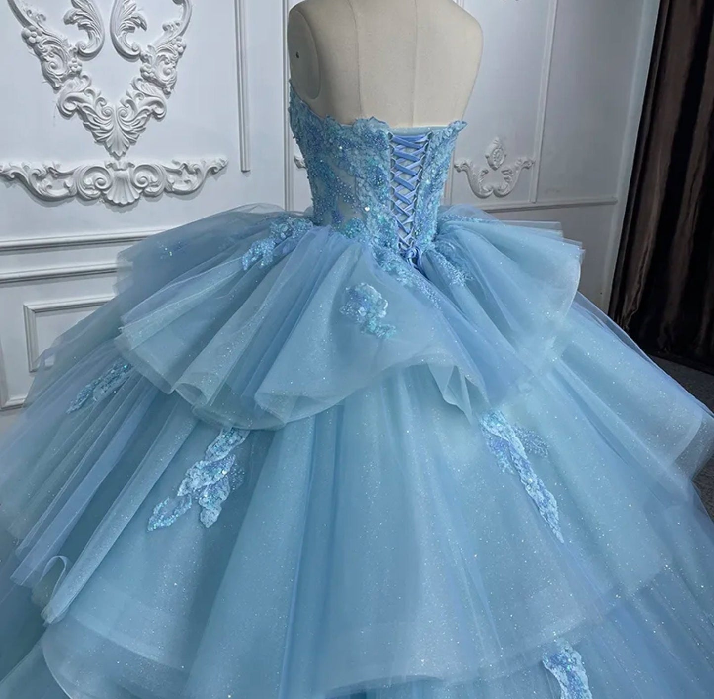 Princess Blue Scattered Floral Sequin Appliqué Shimmering Layered Quinceañera Special Occasion Pageant Party Event Gown