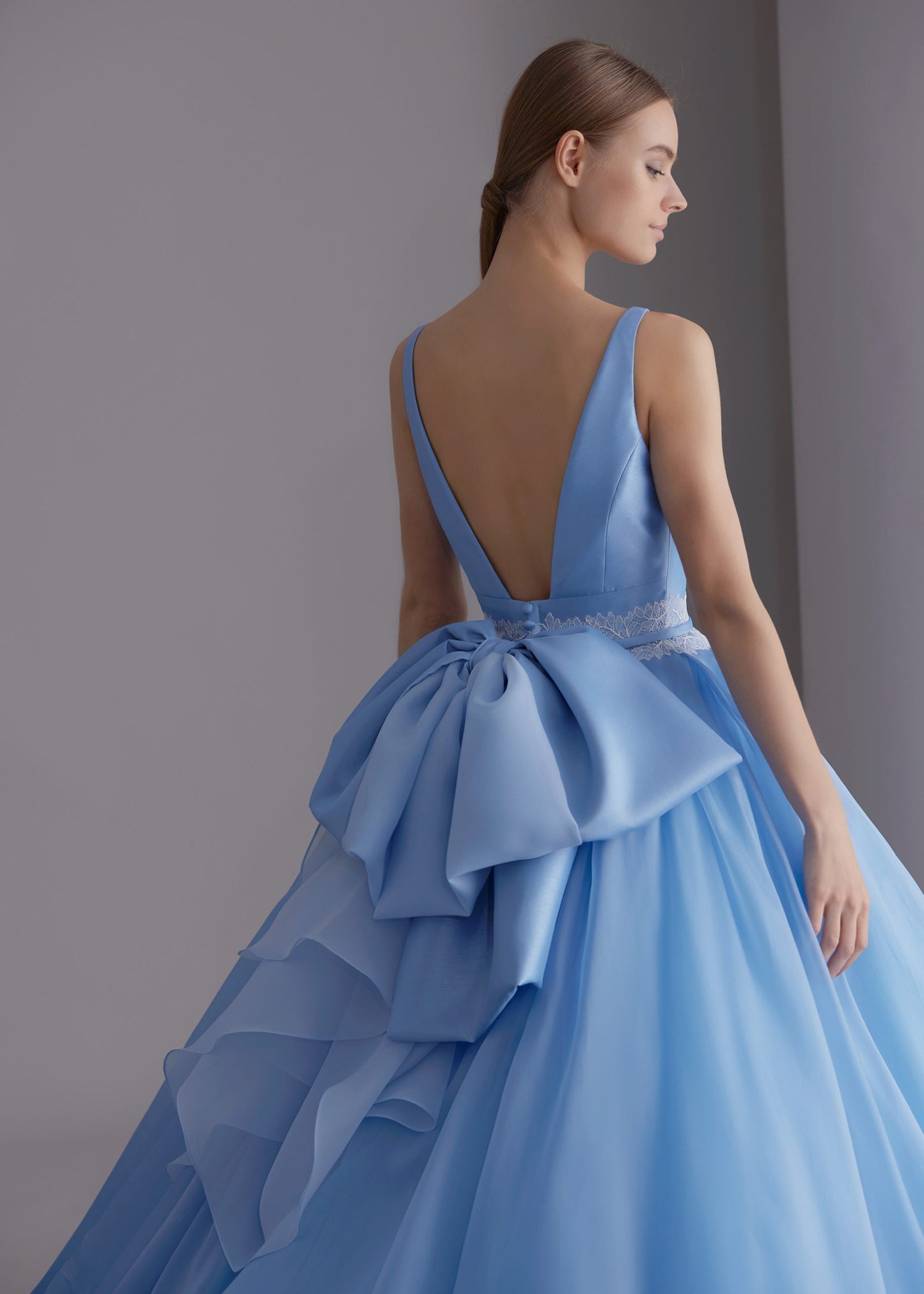 Sleeveless V Neck Natural Lace Waistline A-Line Gown With Beautiful Detachable Back Bow Knot