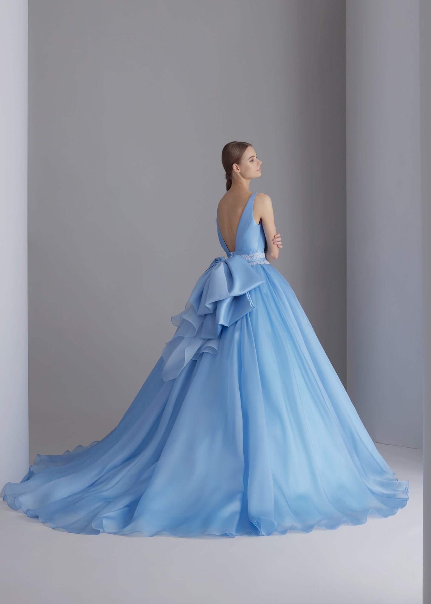 Sleeveless V Neck Natural Lace Waistline A-Line Gown With Beautiful Detachable Back Bow Knot