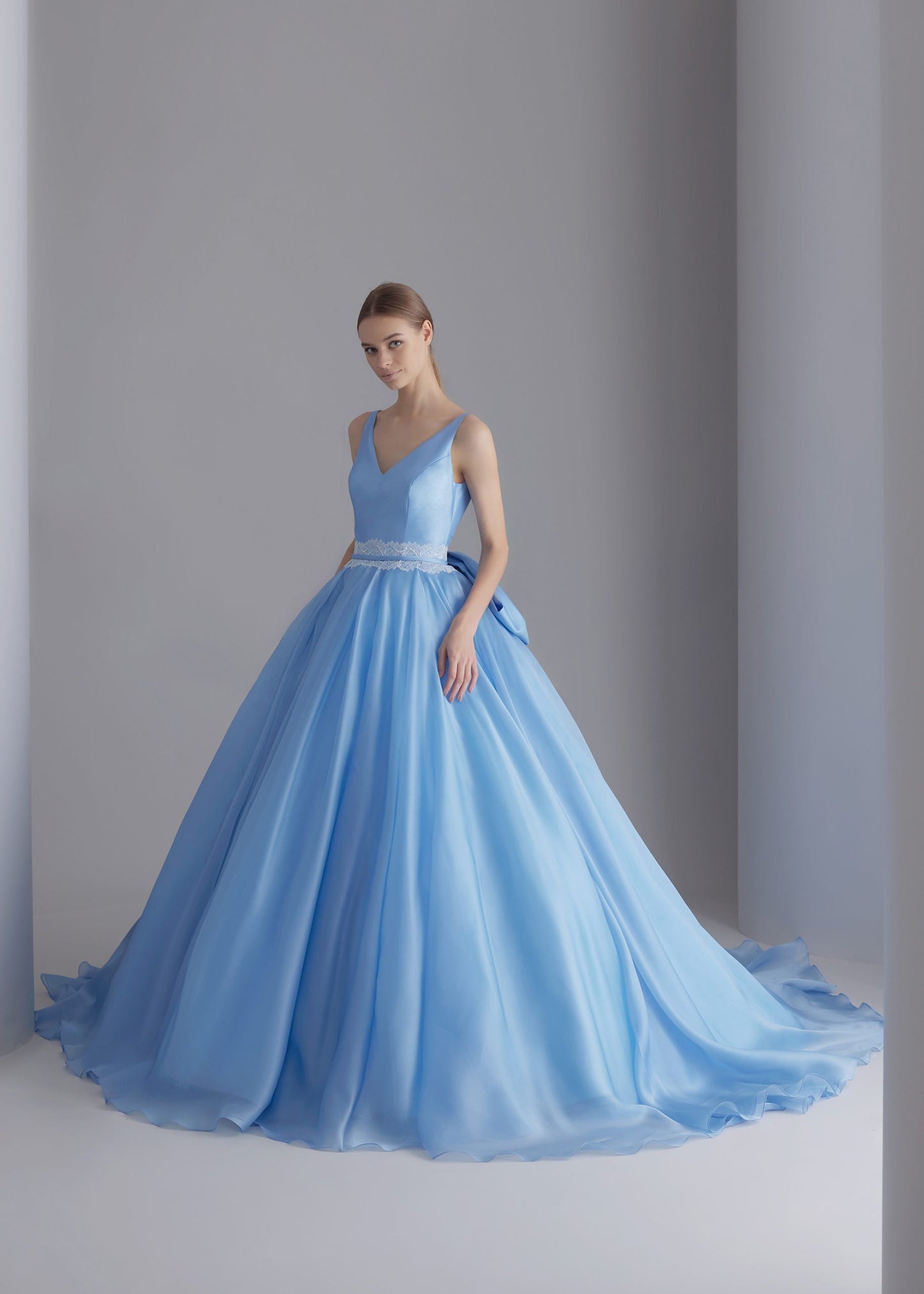 Sleeveless V Neck Natural Lace Waistline A-Line Gown With Beautiful Detachable Back Bow Knot