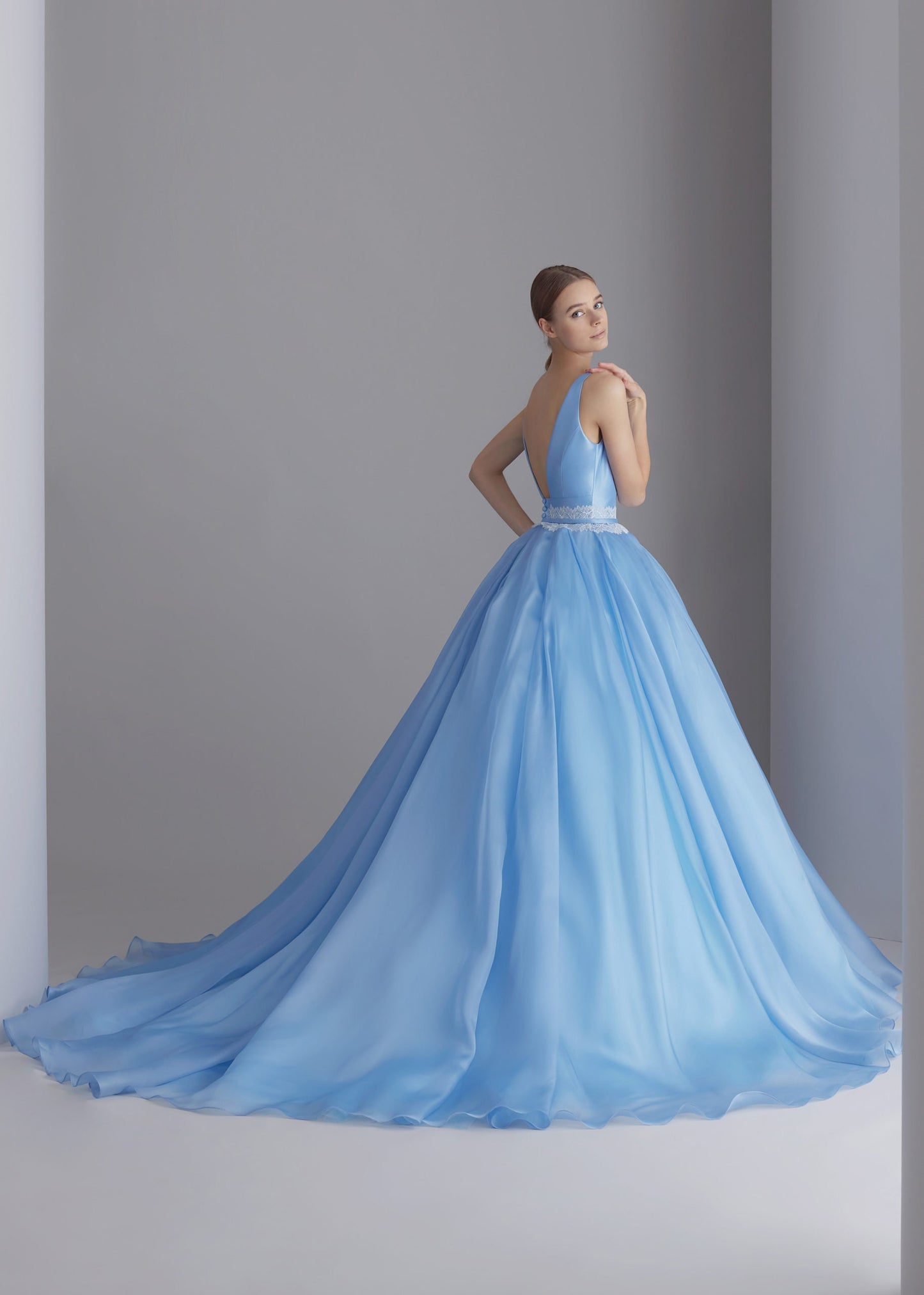 Sleeveless V Neck Natural Lace Waistline A-Line Gown With Beautiful Detachable Back Bow Knot