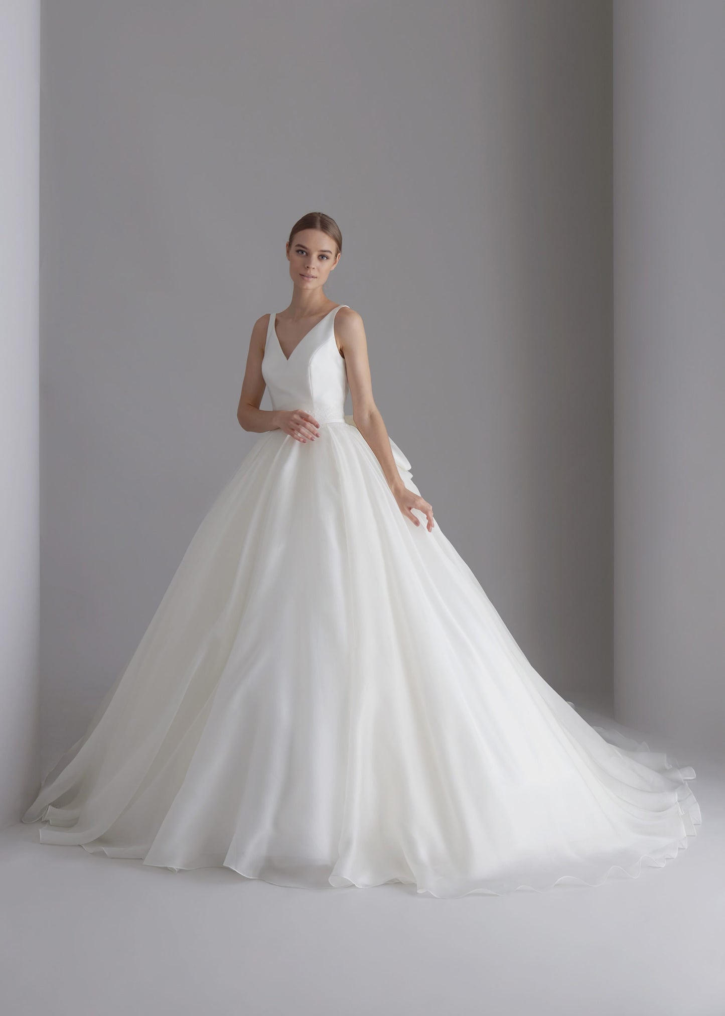Sleeveless V Neck Natural Lace Waistline A-Line Gown With Beautiful Detachable Back Bow Knot