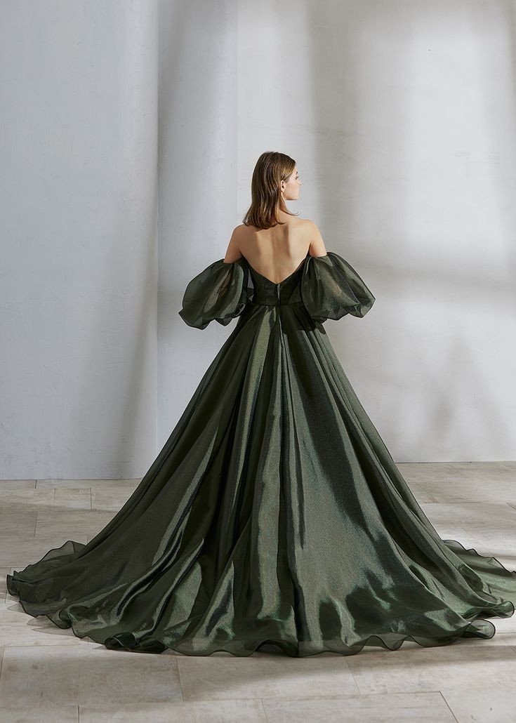 Strapless Organza Deep V Pleated Special Occasion Prom Gown With Matching Detached Cloud Puff Sleeves
