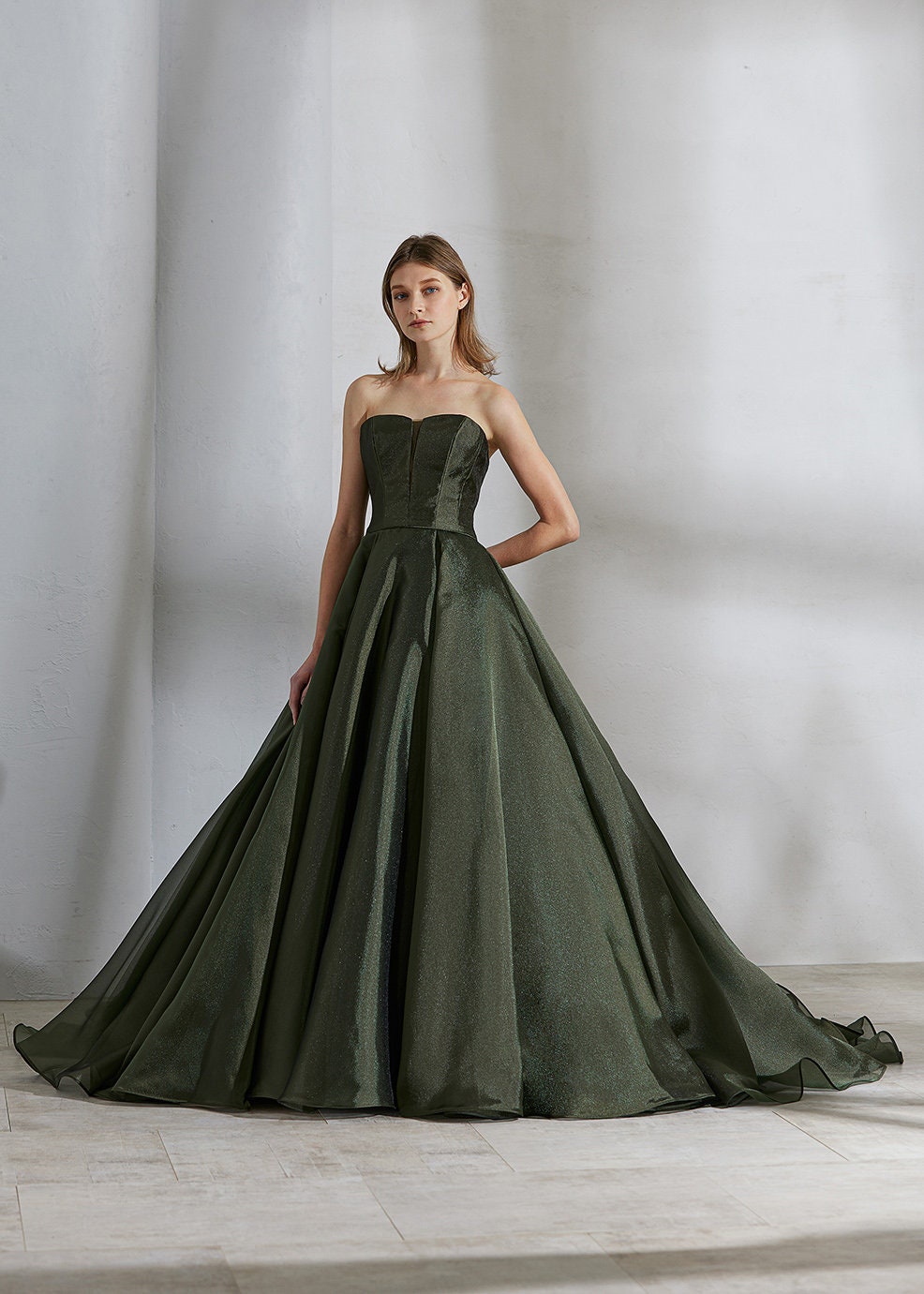 Strapless Organza Deep V Pleated Special Occasion Prom Gown With Matching Detached Cloud Puff Sleeves