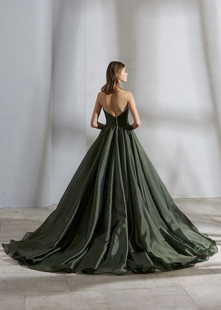 Strapless Organza Deep V Pleated Special Occasion Prom Gown With Matching Detached Cloud Puff Sleeves