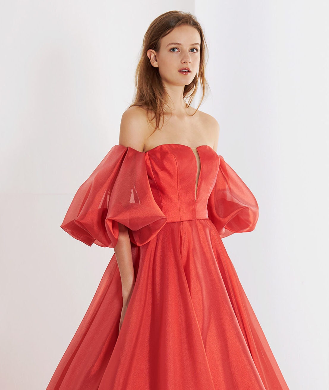 Strapless Organza Deep V Pleated Special Occasion Prom Gown With Matching Detached Cloud Puff Sleeves