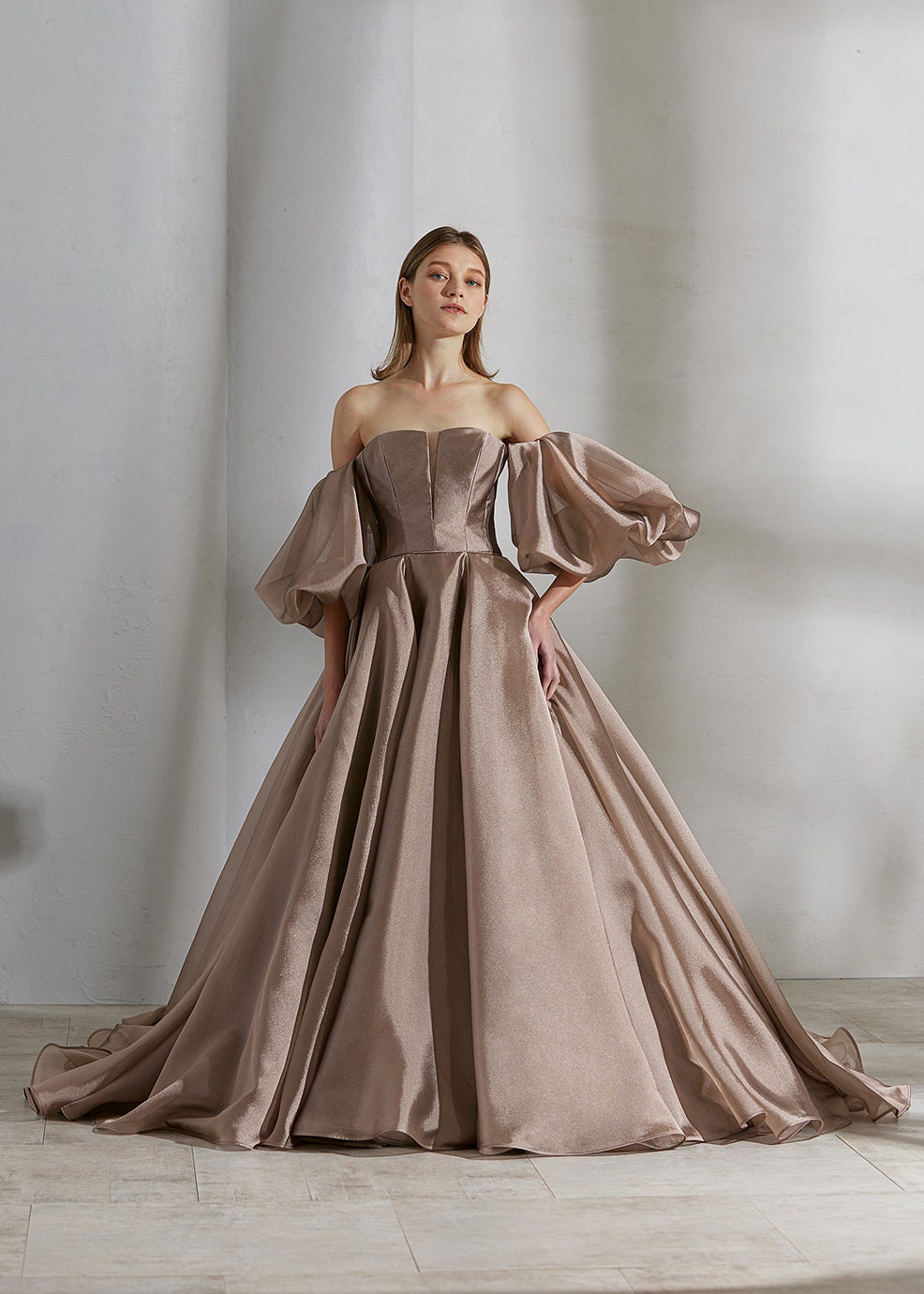 Strapless Organza Deep V Pleated Special Occasion Prom Gown With Matching Detached Cloud Puff Sleeves