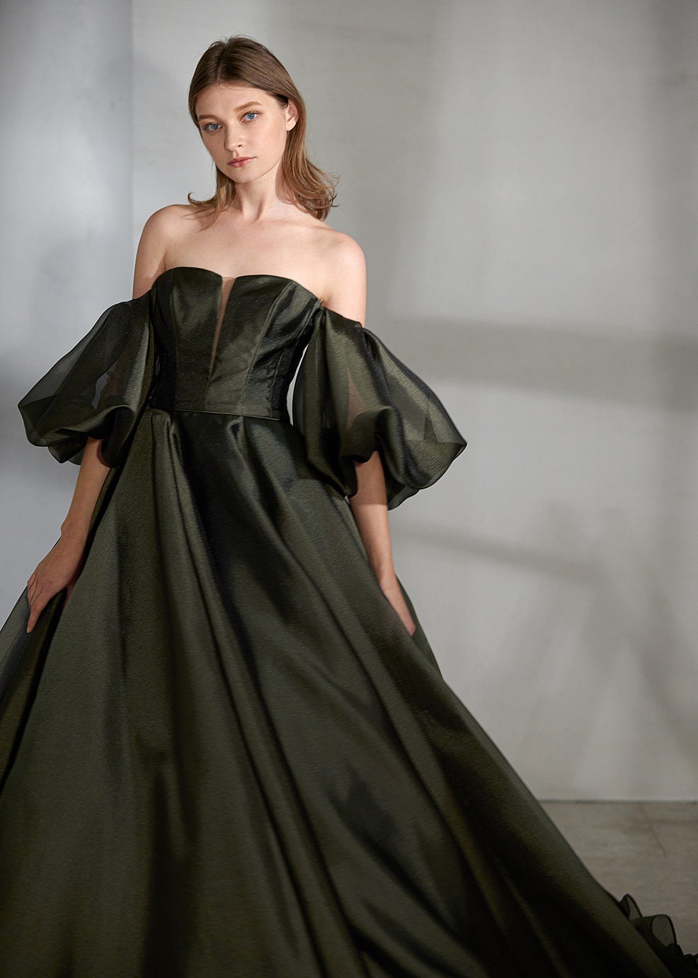 Strapless Organza Deep V Pleated Special Occasion Prom Gown With Matching Detached Cloud Puff Sleeves