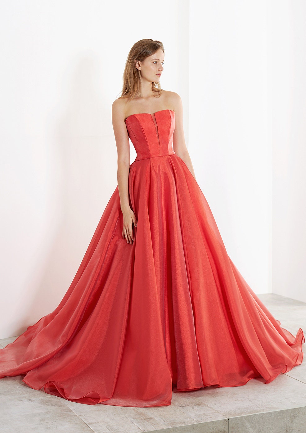 Strapless Organza Deep V Pleated Special Occasion Prom Gown With Matching Detached Cloud Puff Sleeves