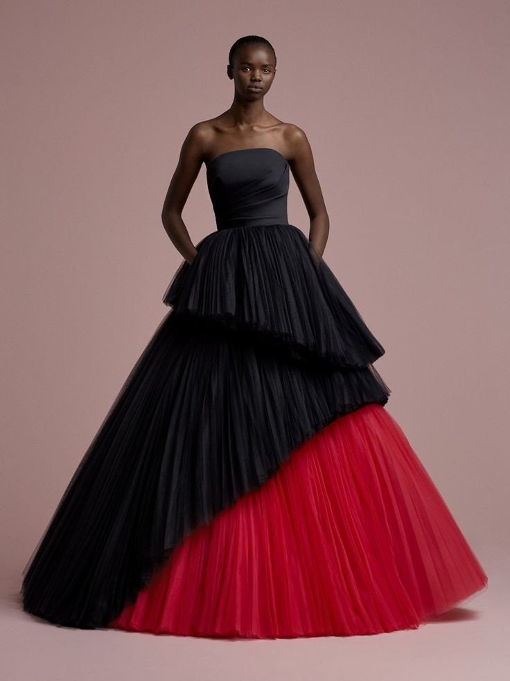 Two Tone Layered Asymmetrical Pleated Strapless Statement Special Occasion Gown