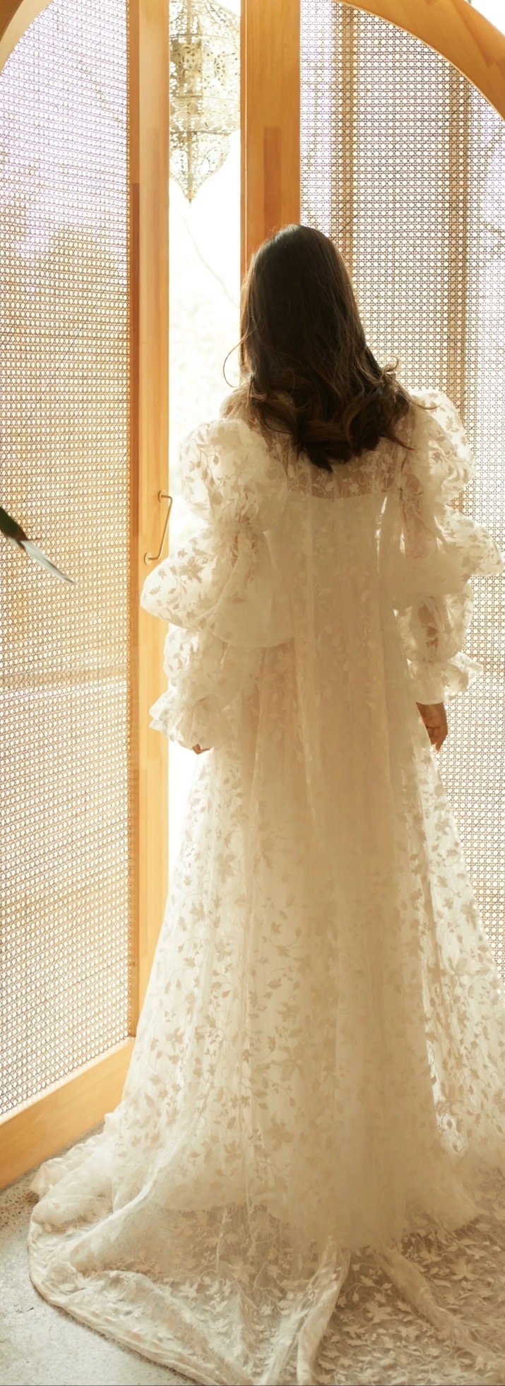Sweet And Delicate Floral Lace Floor Length Gathered Puff Long Sleeve Bridal Special Occasion Boudoir Cape Jacket