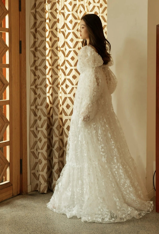 Sweet And Delicate Floral Lace Floor Length Gathered Puff Long Sleeve Bridal Special Occasion Boudoir Cape Jacket