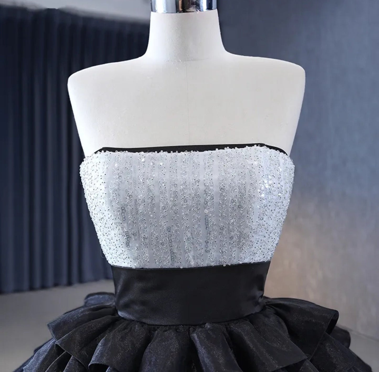 Strapless Boat Neck Layered Sequin Bodice With Natural Waistline Tiered Ruffle Special Occasion Quinceañera Pageant Party Event Gala Gown