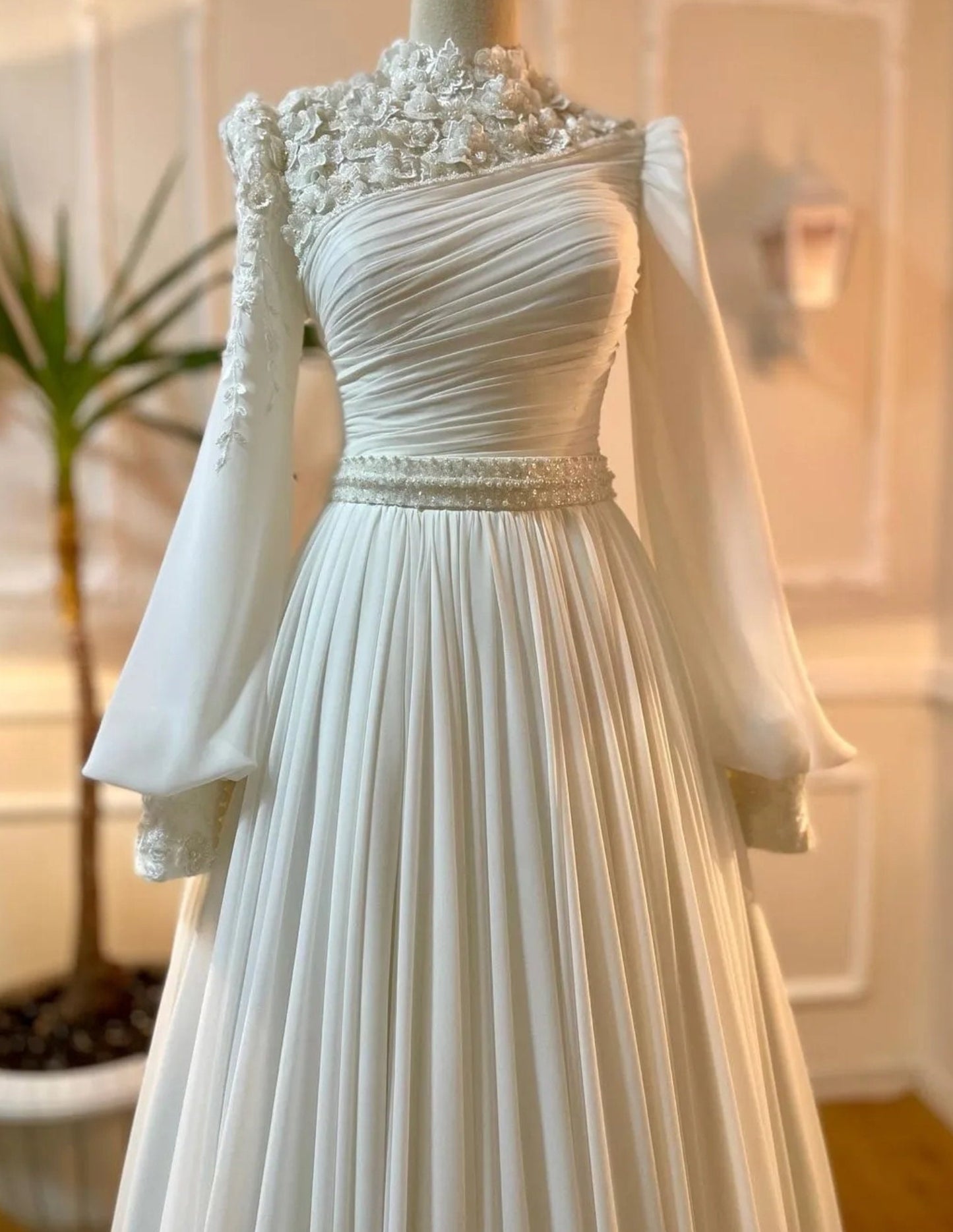 Modest 3D Sequin Beaded Floral Mid Neck Long Sleeve Bridal Gown