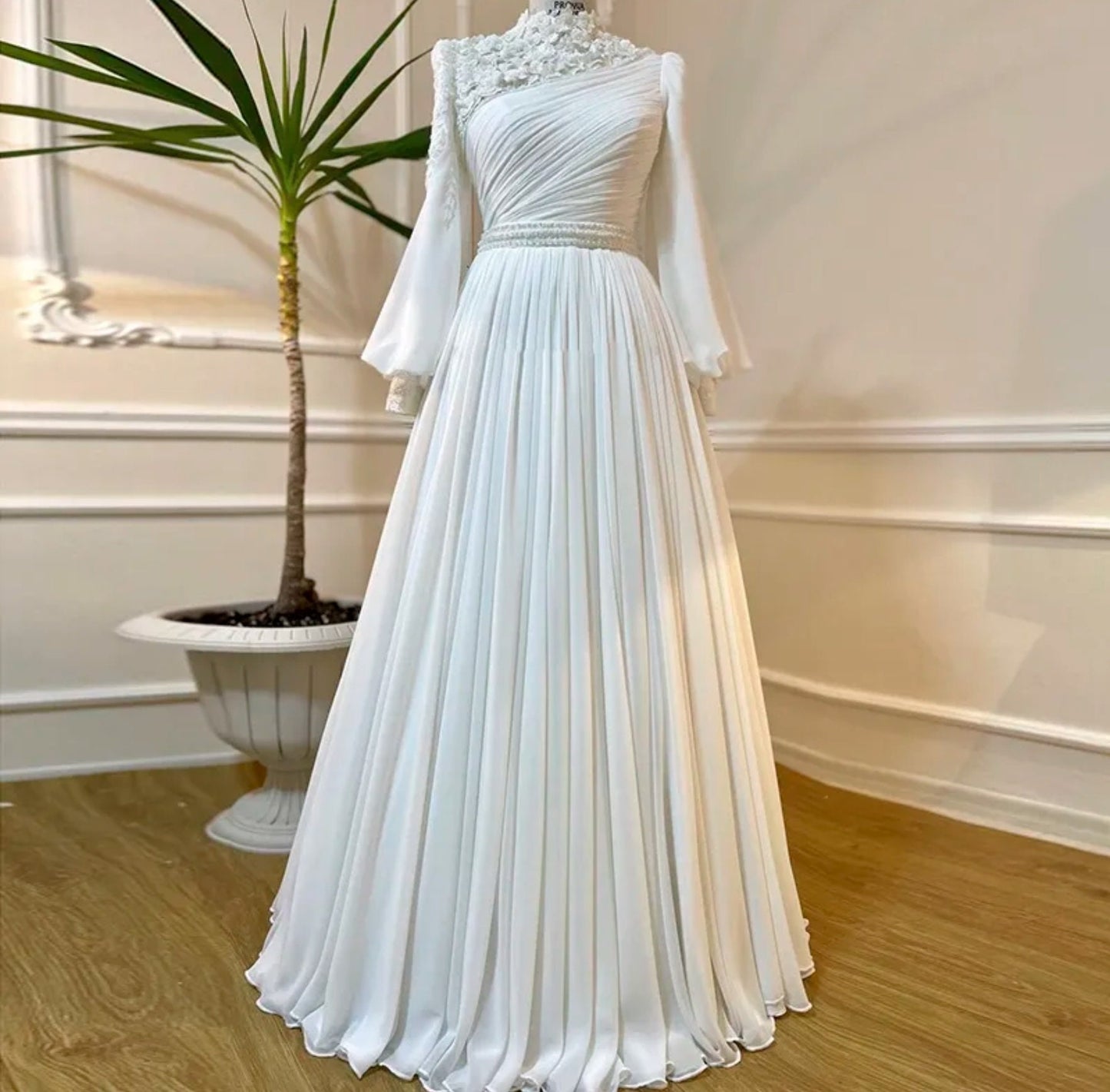 Modest 3D Sequin Beaded Floral Mid Neck Long Sleeve Bridal Gown