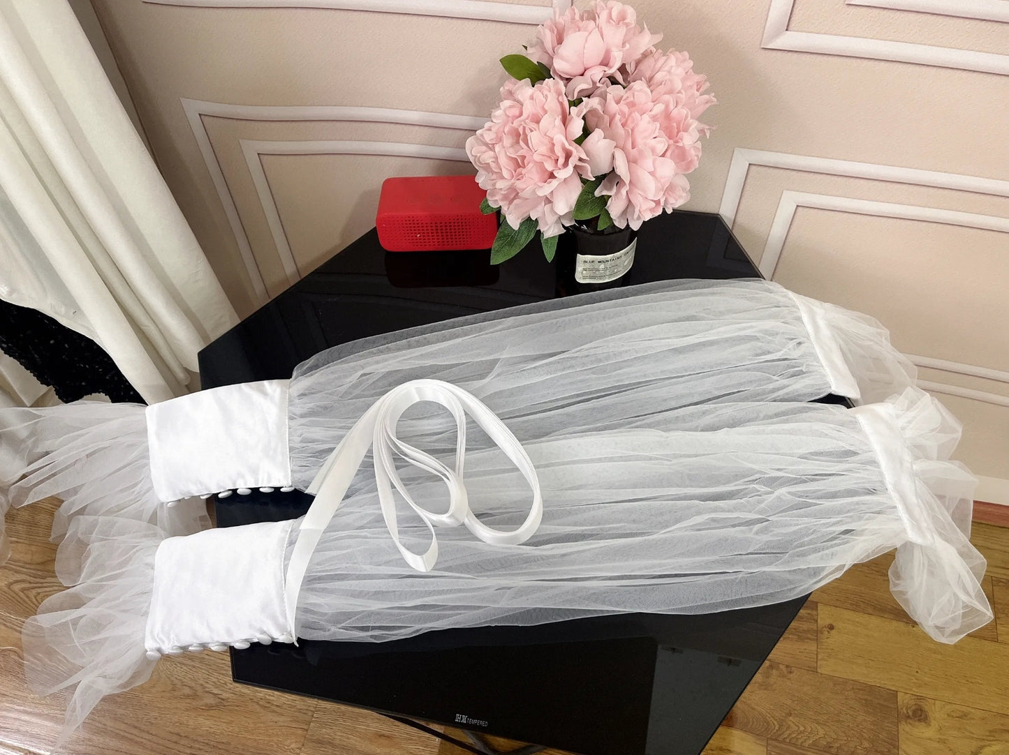Detached Organza And Satin Ribbon Bicep & Wrist Wrapped Sleeves