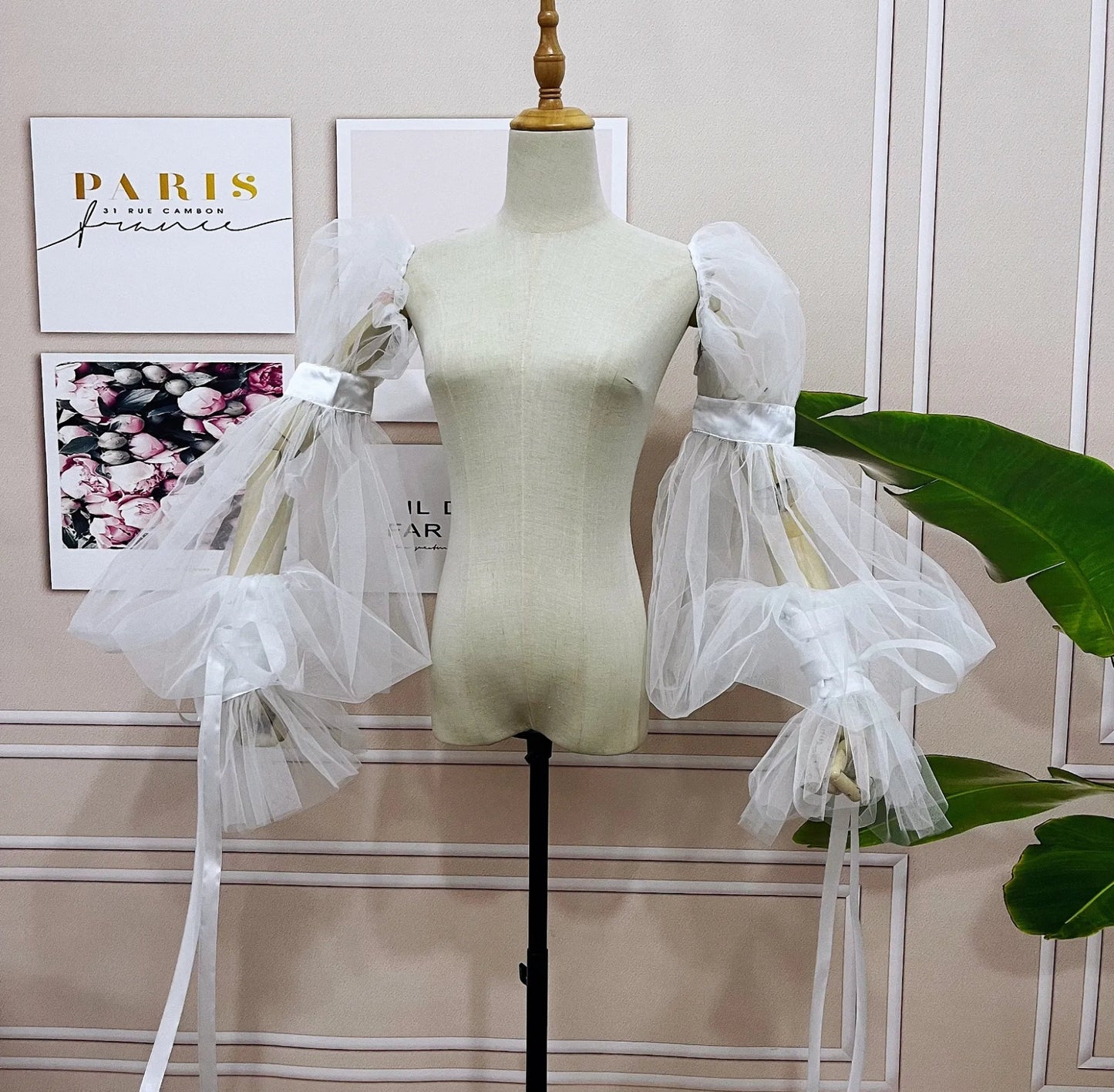 Detached Organza And Satin Ribbon Bicep & Wrist Wrapped Sleeves