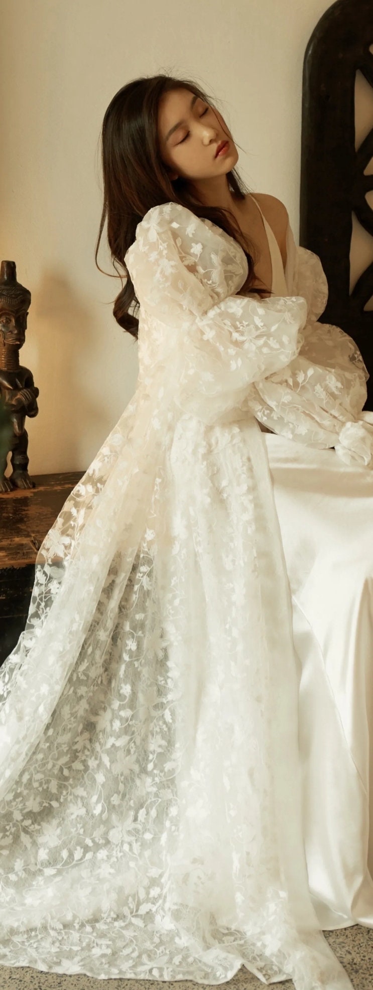 Sweet And Delicate Floral Lace Floor Length Gathered Puff Long Sleeve Bridal Special Occasion Boudoir Cape Jacket