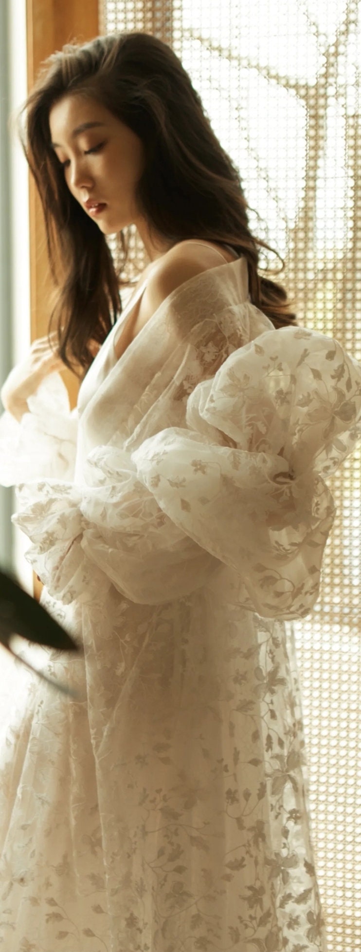 Sweet And Delicate Floral Lace Floor Length Gathered Puff Long Sleeve Bridal Special Occasion Boudoir Cape Jacket