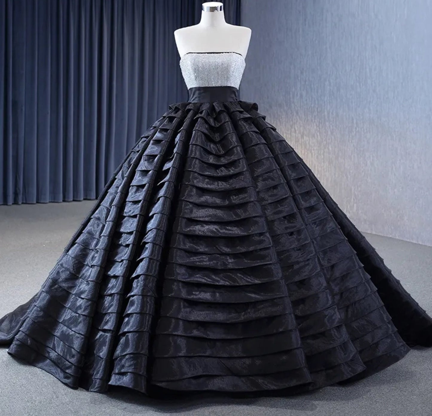 Strapless Boat Neck Layered Sequin Bodice With Natural Waistline Tiered Ruffle Special Occasion Quinceañera Pageant Party Event Gala Gown