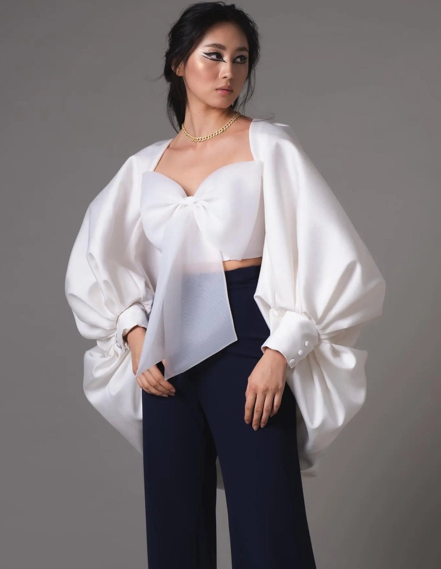 Satin Long Sleeve Button Cuff Balloon Bridal Special Occasion Event Party Cape Jacket