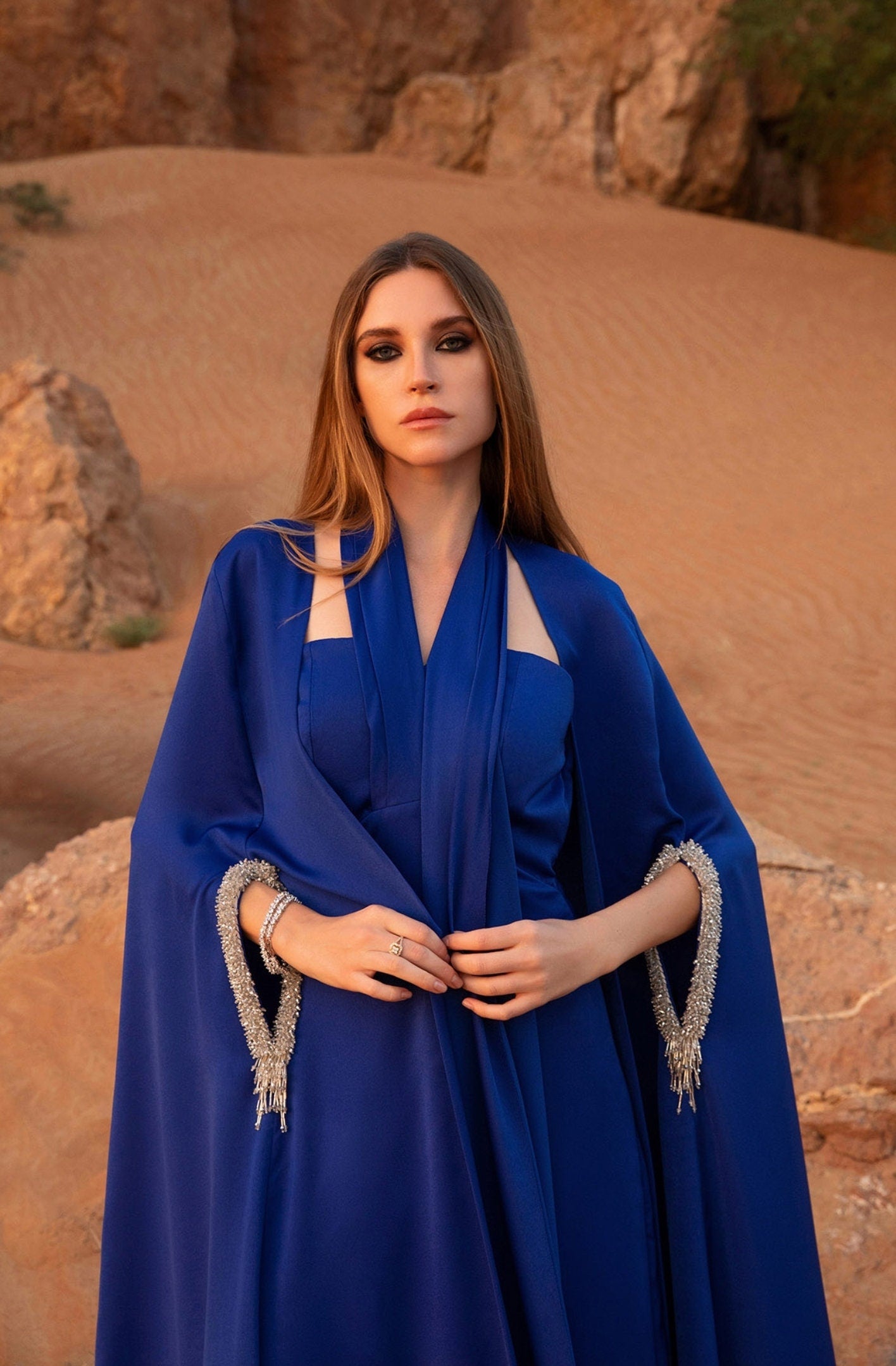 Soft Satin/Crepe Floor Length Beaded Long Sleeve Hole Elegant Special Occasion Event Cape Jacket