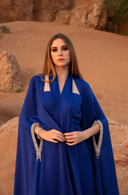 Soft Satin/Crepe Floor Length Beaded Long Sleeve Hole Elegant Special Occasion Event Cape Jacket