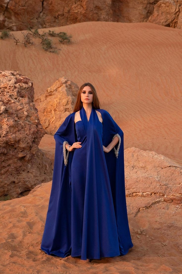 Soft Satin/Crepe Floor Length Beaded Long Sleeve Hole Elegant Special Occasion Event Cape Jacket