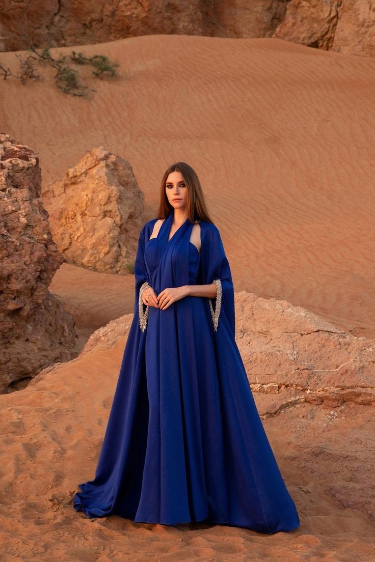 Soft Satin/Crepe Floor Length Beaded Long Sleeve Hole Elegant Special Occasion Event Cape Jacket