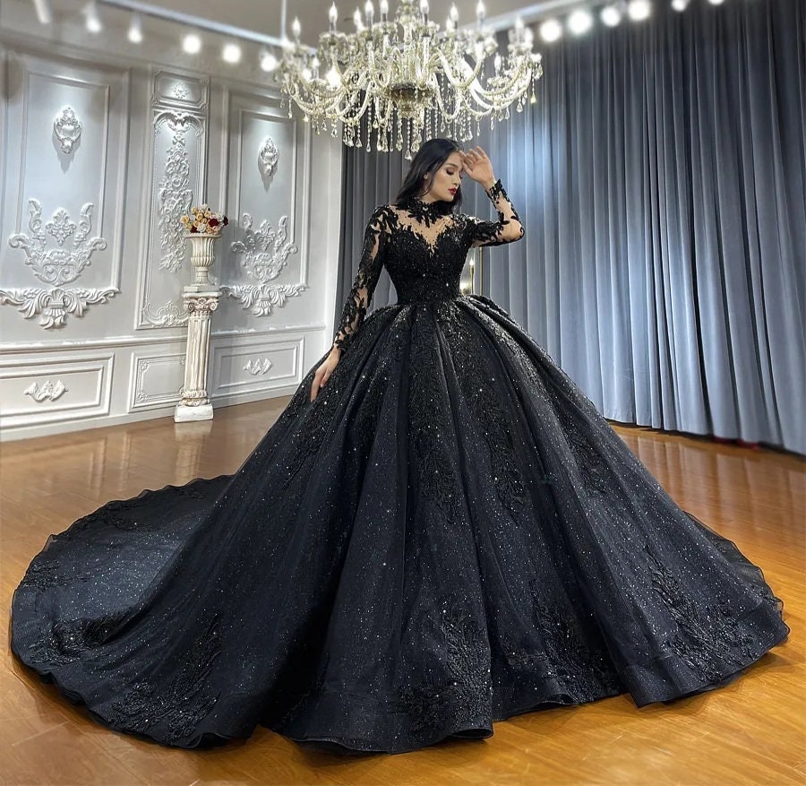 Black High Neck Sheer Long Sleeve Sequin Beaded Special Occasion Prom Gala Event Bridal Ball Gown