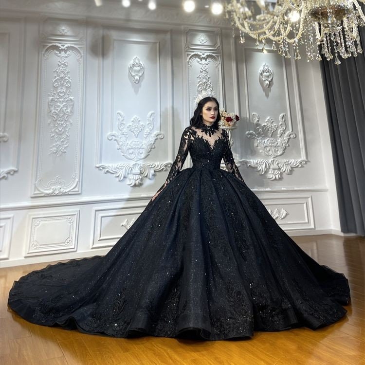 Black High Neck Sheer Long Sleeve Sequin Beaded Special Occasion Prom Gala Event Bridal Ball Gown