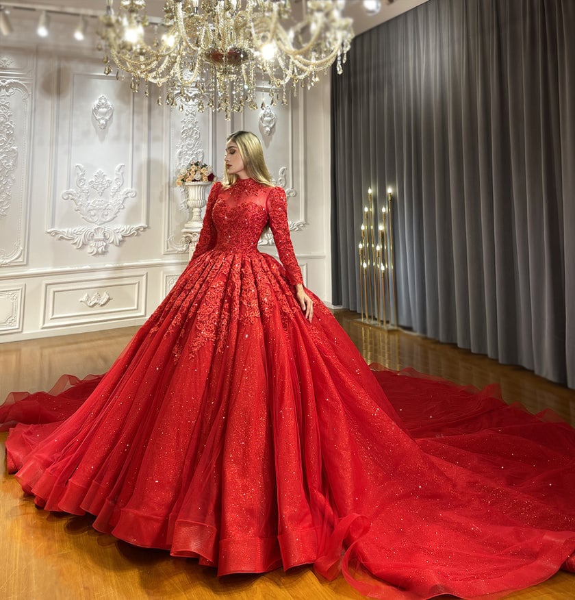 Red Sweetheart Lace Sequin Appliqués And Beading Illusion Mid Neck Bridal Special Occasion Event Gala Quinceañera Gown