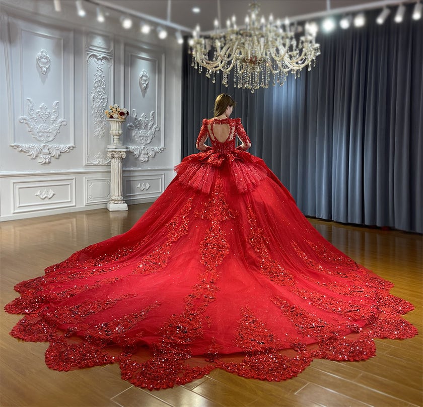 Red Sweetheart Lace Sequin Appliqués And Beading Illusion Mid Neck Bridal Special Occasion Event Gala Quinceañera Gown