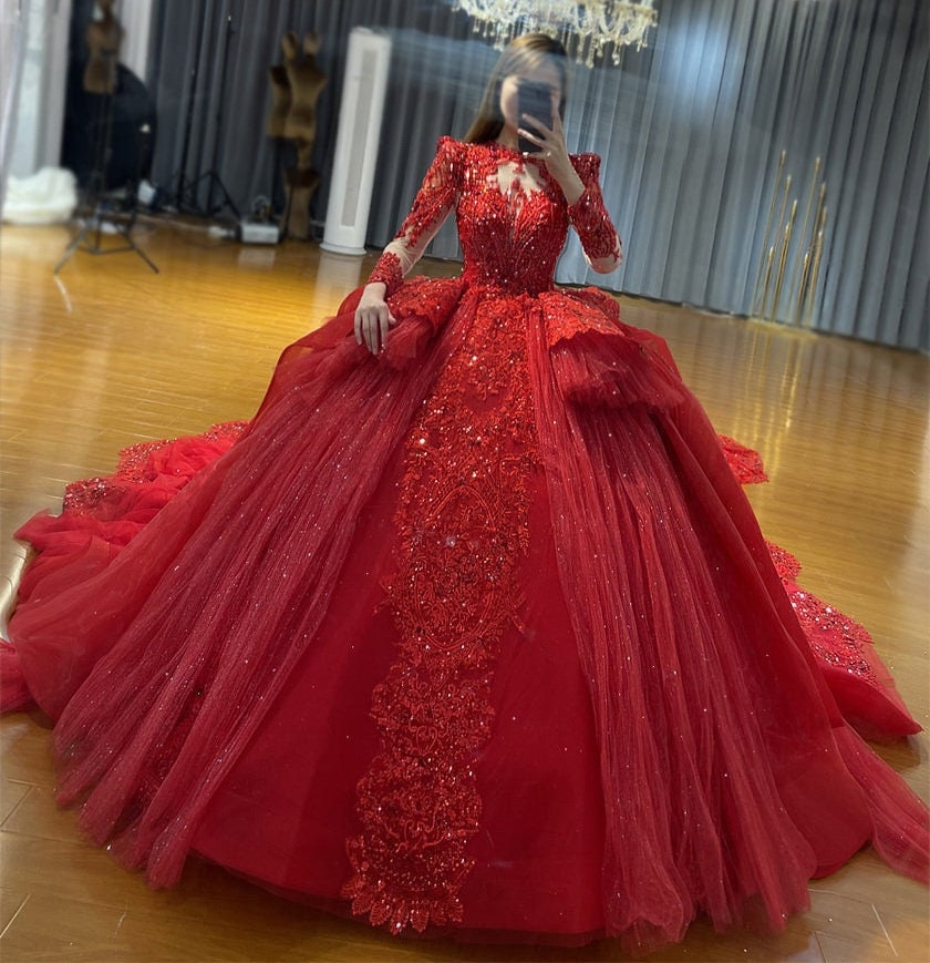Long Sleeve Beaded Sequin Vintage Victorian Era Red Shimmering Layered Bridal Ball Gown With Optional Matching Veil