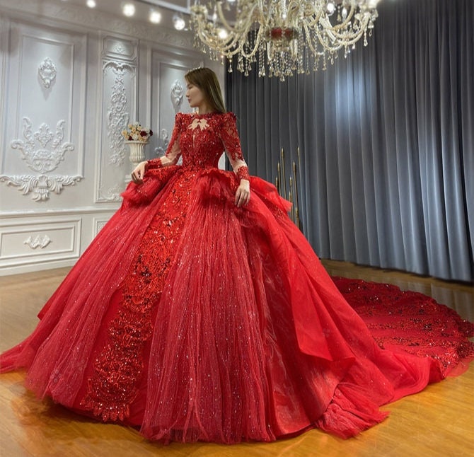 Long Sleeve Beaded Sequin Vintage Victorian Era Red Shimmering Layered Bridal Ball Gown With Optional Matching Veil
