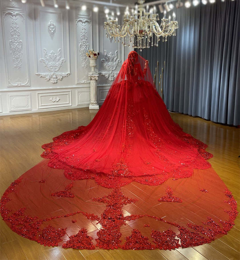 Long Sleeve Beaded Sequin Vintage Victorian Era Red Shimmering Layered Bridal Ball Gown With Optional Matching Veil