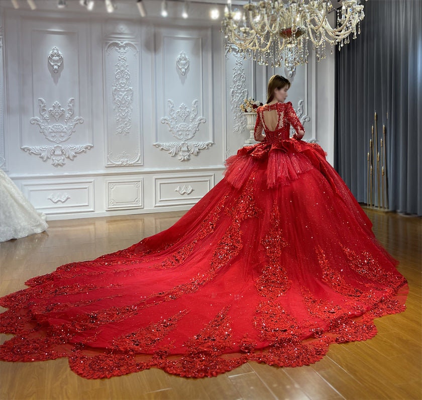Long Sleeve Beaded Sequin Vintage Victorian Era Red Shimmering Layered Bridal Ball Gown With Optional Matching Veil