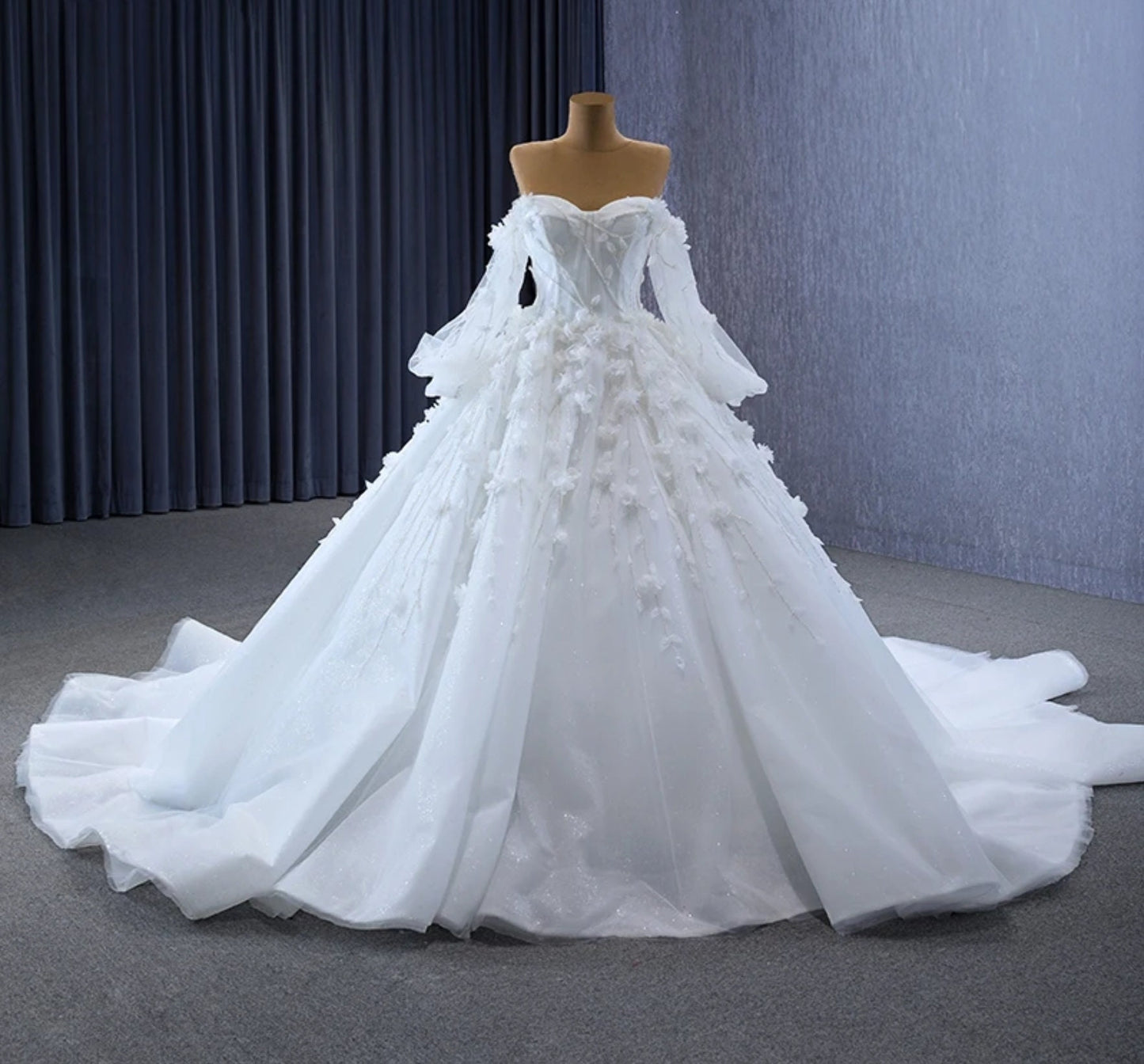 Beautiful Beaded Floral Vine Sweetheart Corset Style Bodice Gown With Trailing Down Floral Vines And Detached Matching Sleeves