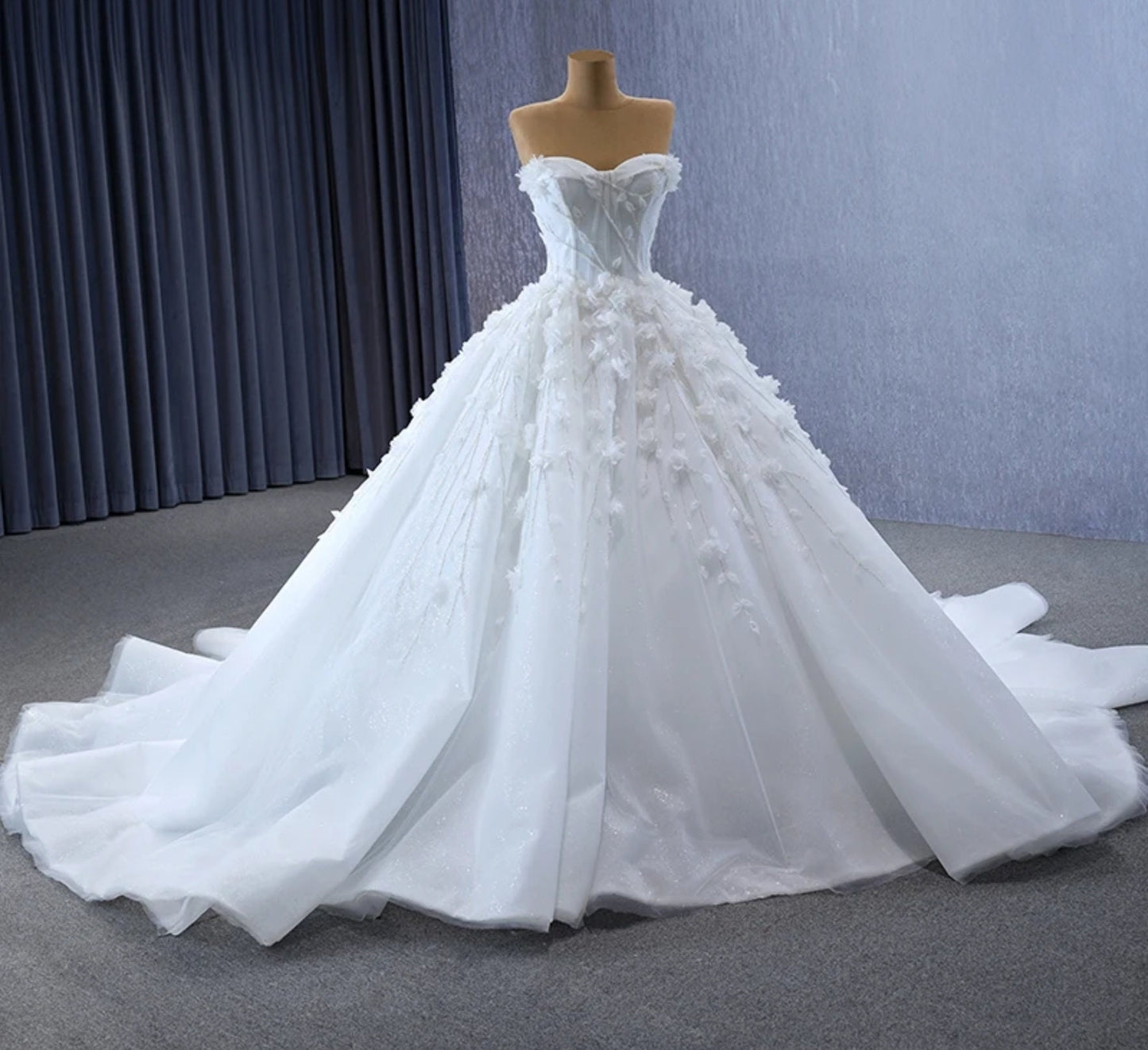Beautiful Beaded Floral Vine Sweetheart Corset Style Bodice Gown With Trailing Down Floral Vines And Detached Matching Sleeves