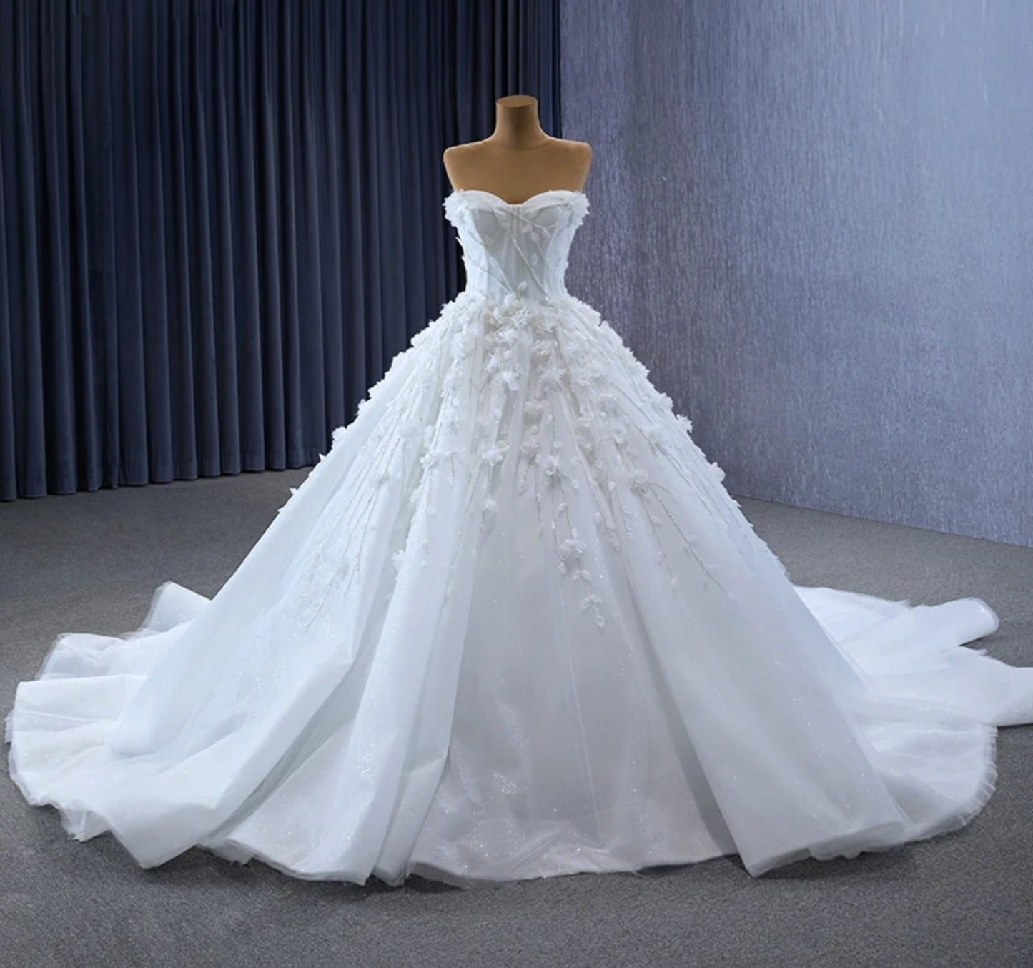Beautiful Beaded Floral Vine Sweetheart Corset Style Bodice Gown With Trailing Down Floral Vines And Detached Matching Sleeves