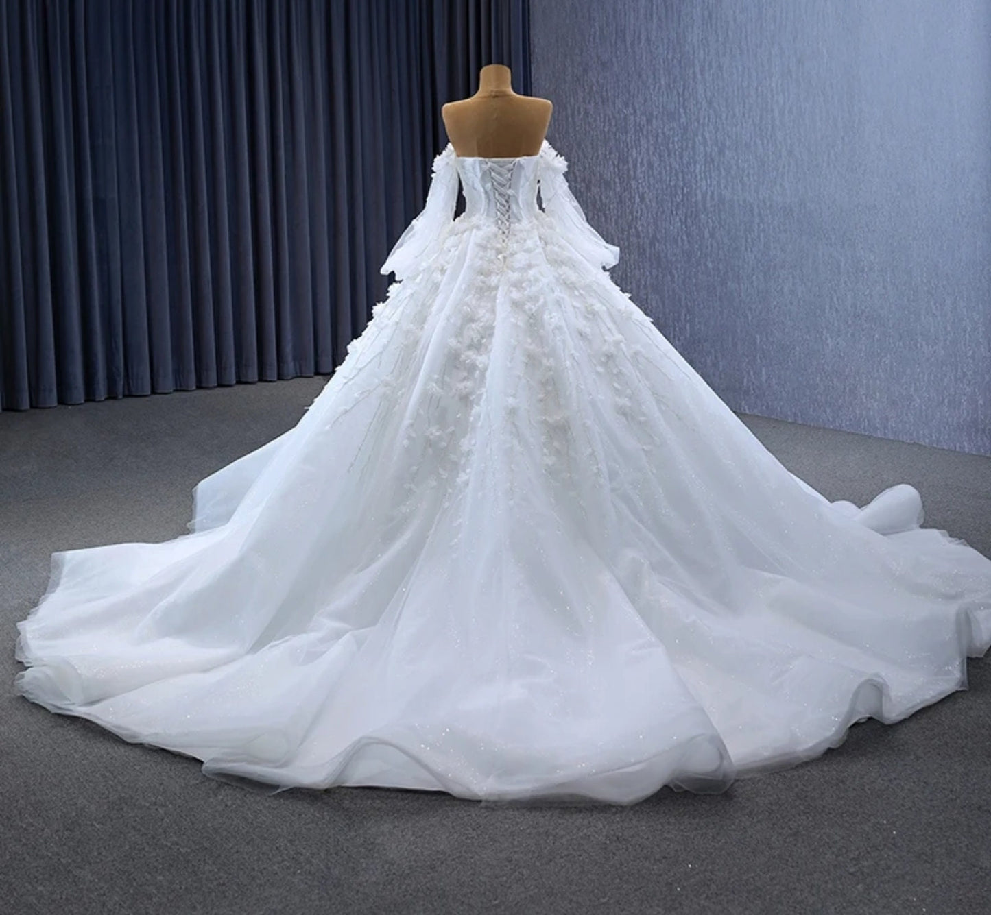 Beautiful Beaded Floral Vine Sweetheart Corset Style Bodice Gown With Trailing Down Floral Vines And Detached Matching Sleeves