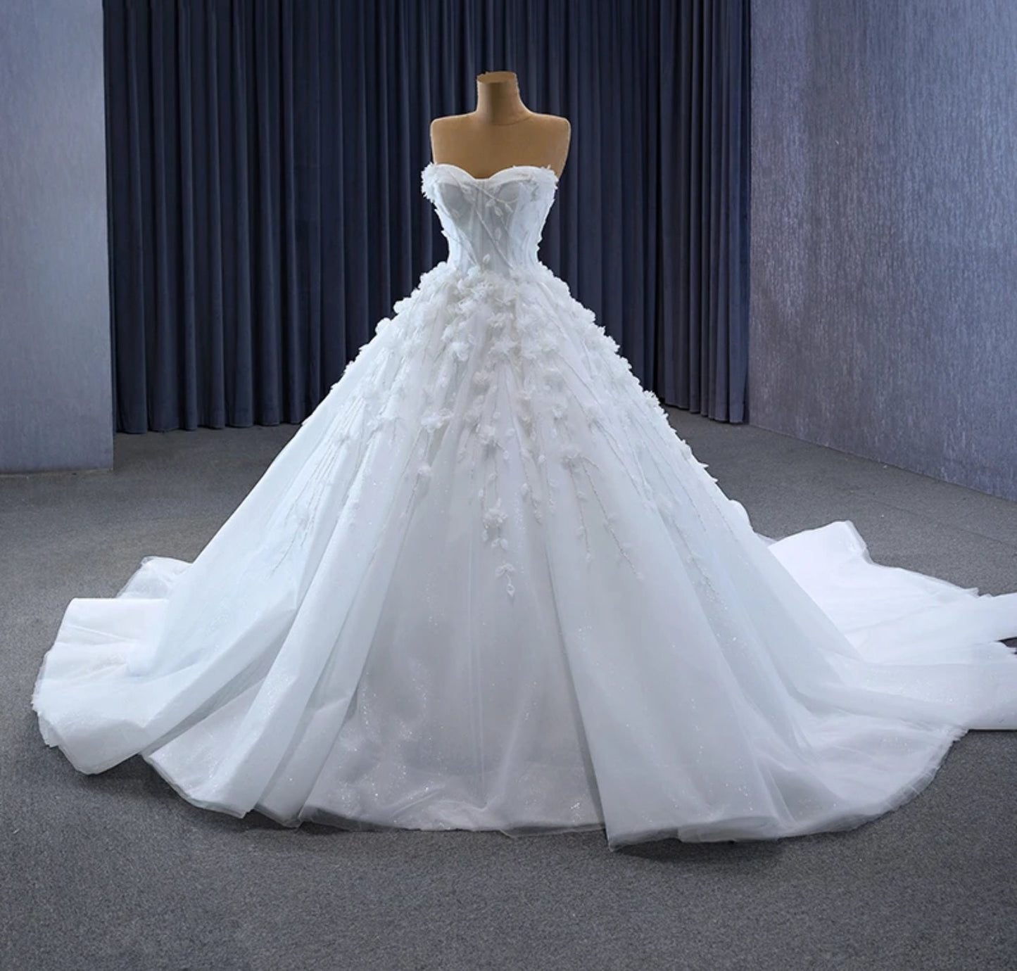 Beautiful Beaded Floral Vine Sweetheart Corset Style Bodice Gown With Trailing Down Floral Vines And Detached Matching Sleeves