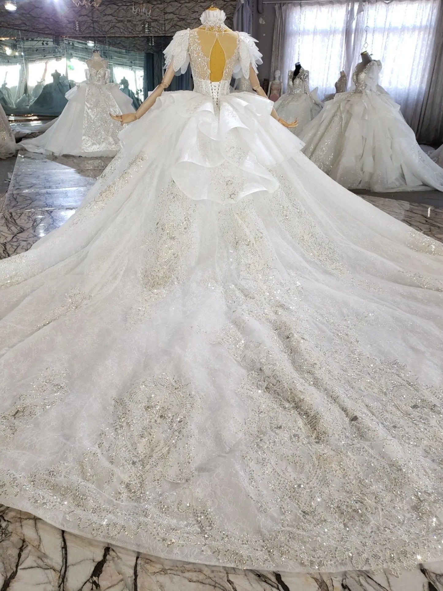 Stunning Sweetheart Design Vintage Inspired Lace Short Crystal Beaded Tiered Pleated Sleeves With Detached High Frill Neck Piece Gown