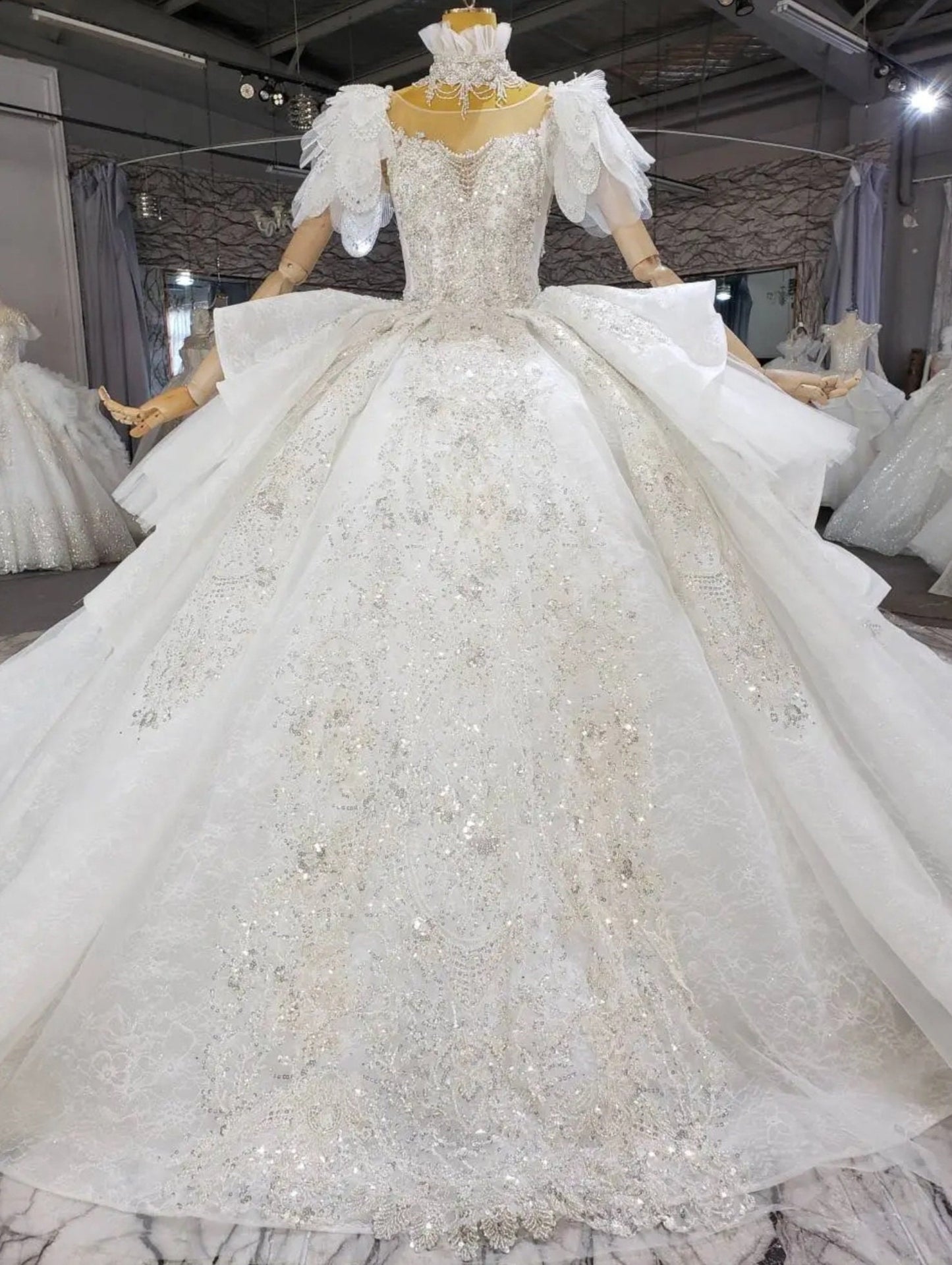Stunning Sweetheart Design Vintage Inspired Lace Short Crystal Beaded Tiered Pleated Sleeves With Detached High Frill Neck Piece Gown